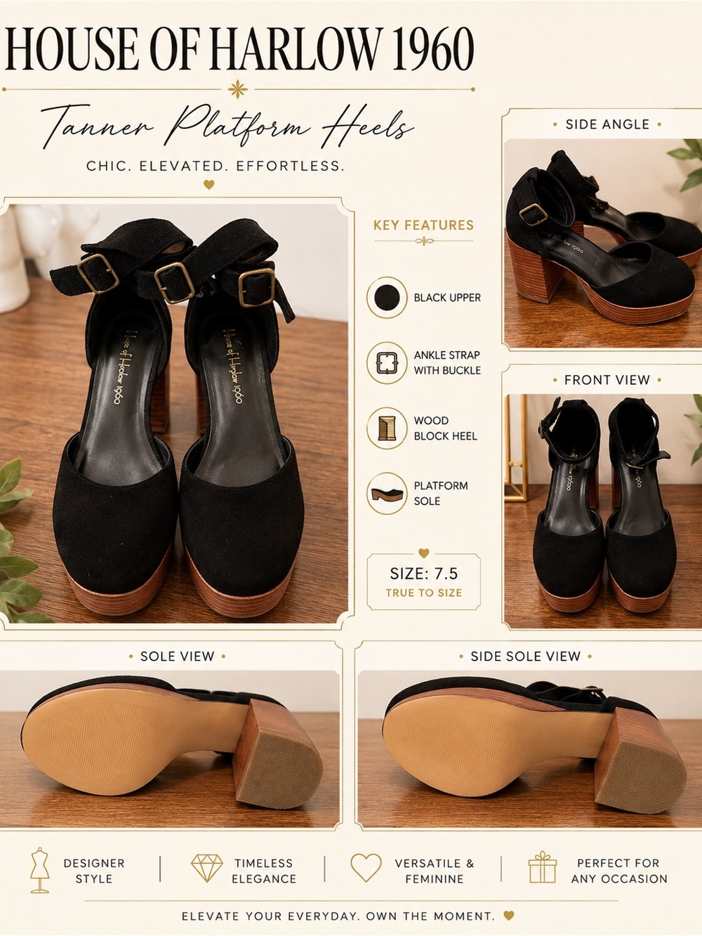 House of Harlow 1960 Tanner Platform Black Suede Maryjane Heels Size 8 Brand New